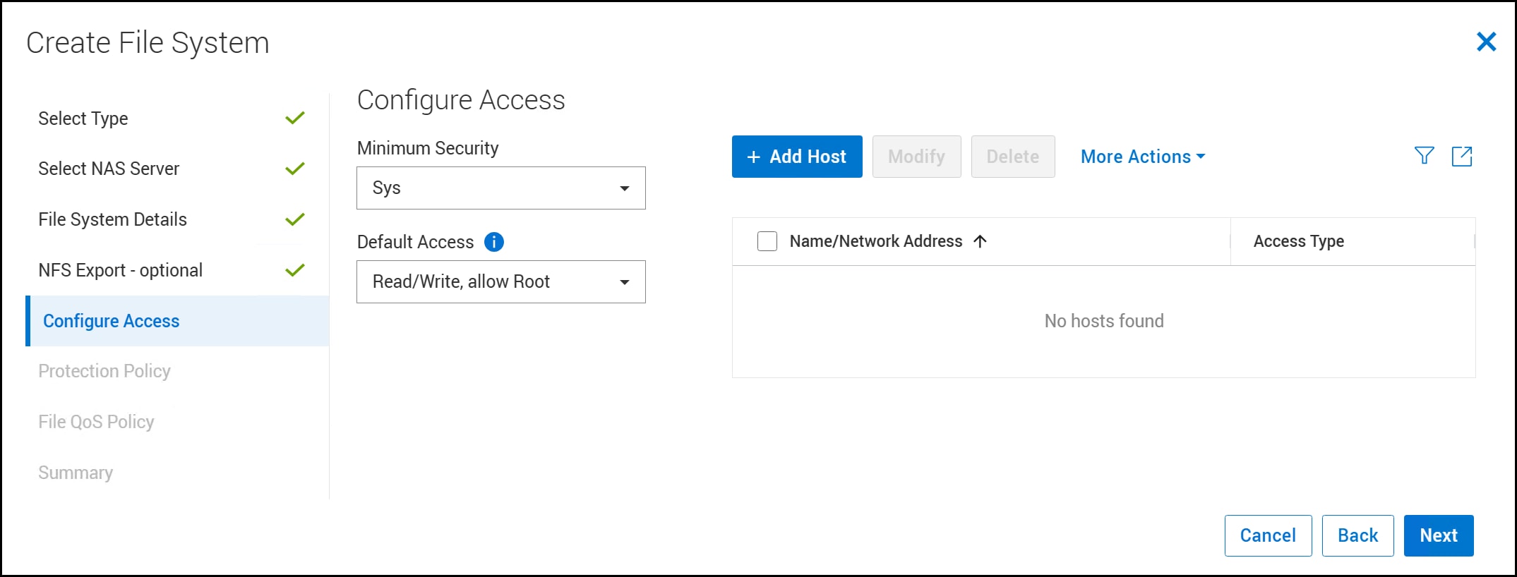 Screen capture of Create File System - Configure Access window
