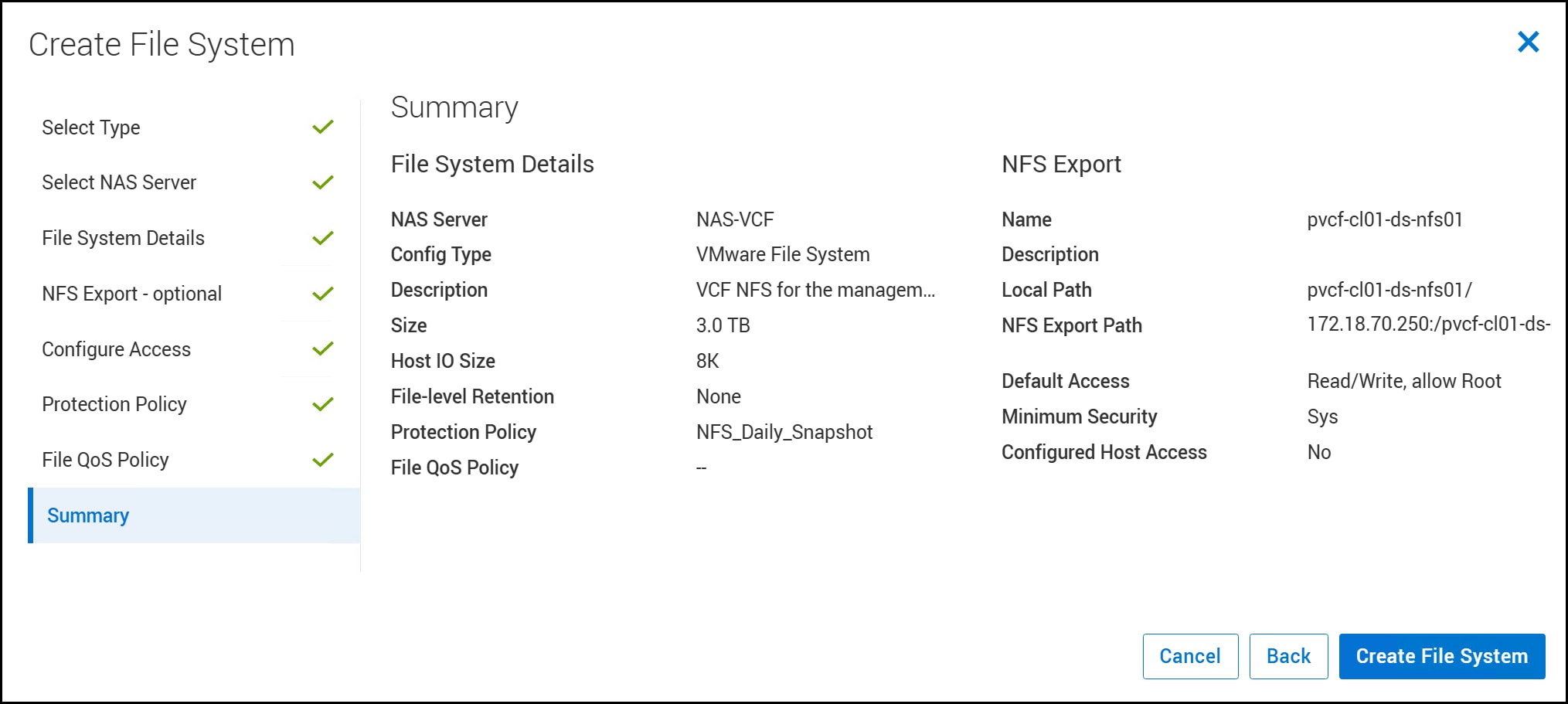 Screen capture of Create File System - Summary window
