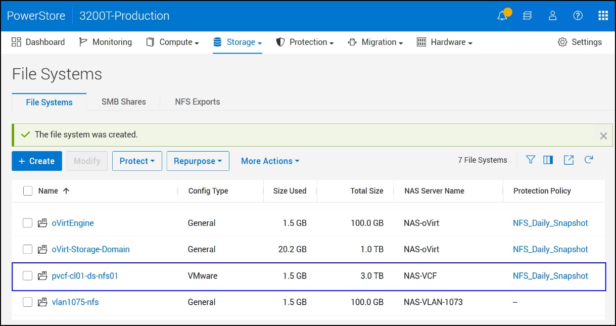 Screen capture of File Systems window with file system pvcf-cl01-ds-nfs01 selected