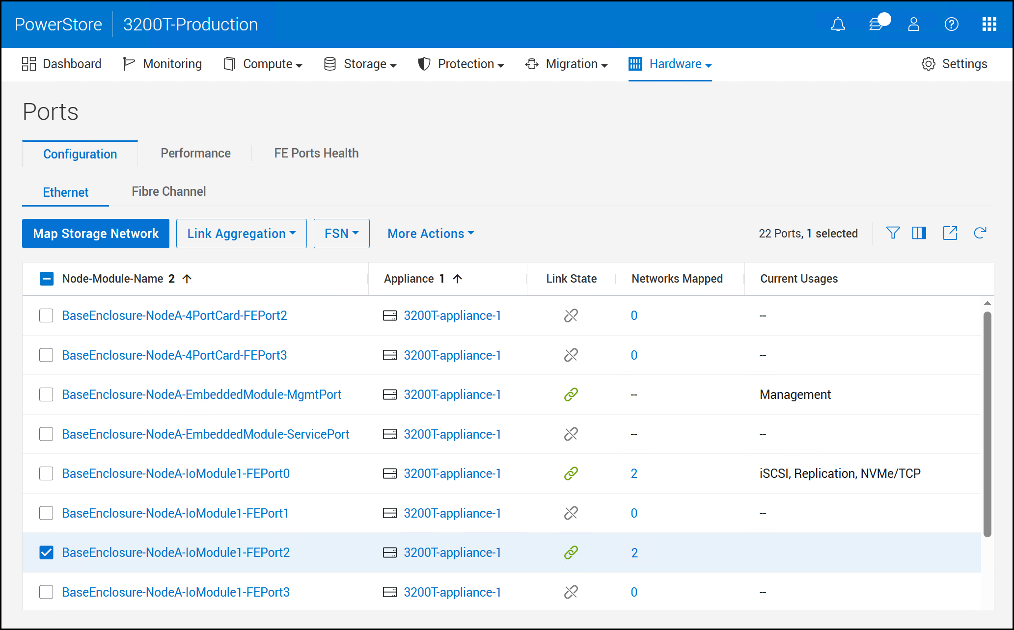 Screen capture of Ports - Configuration - Ethernet - Map Storage Network window