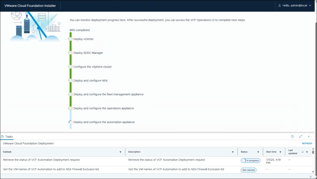 VMware Cloud Foundation Installer - progress screen.