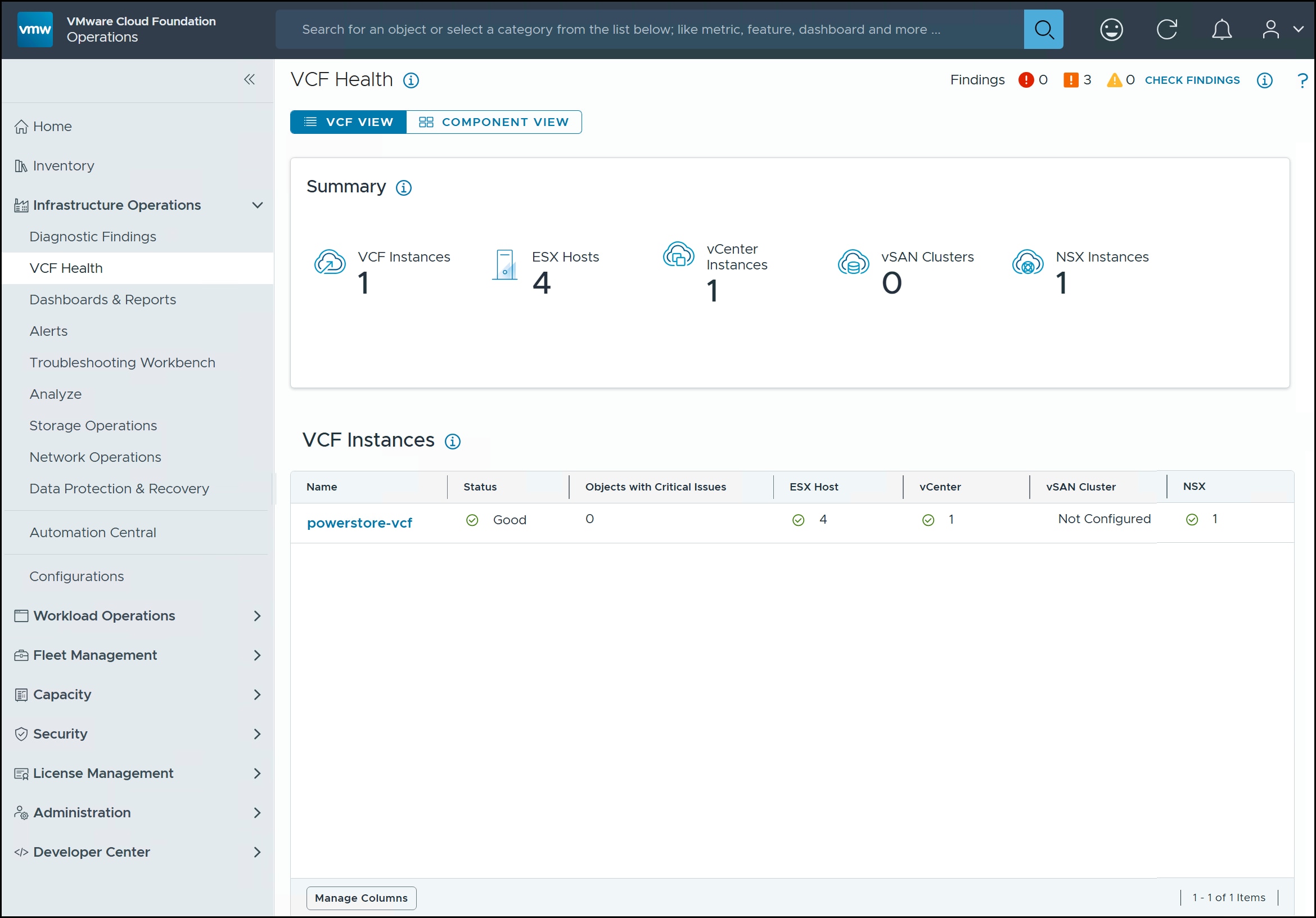 VMware Cloud Foundation Installer - VCF health screen for status.
