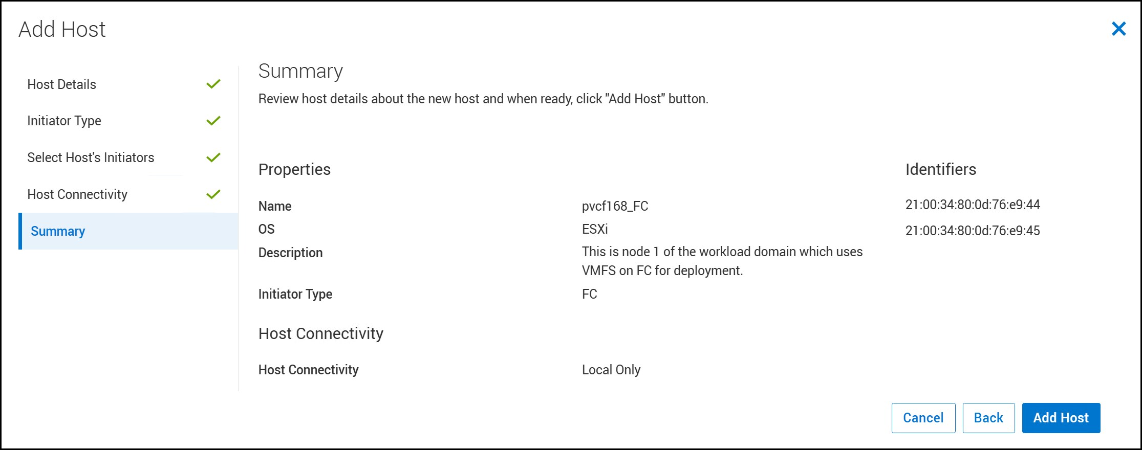 Screen capture of Add Host - Summary window