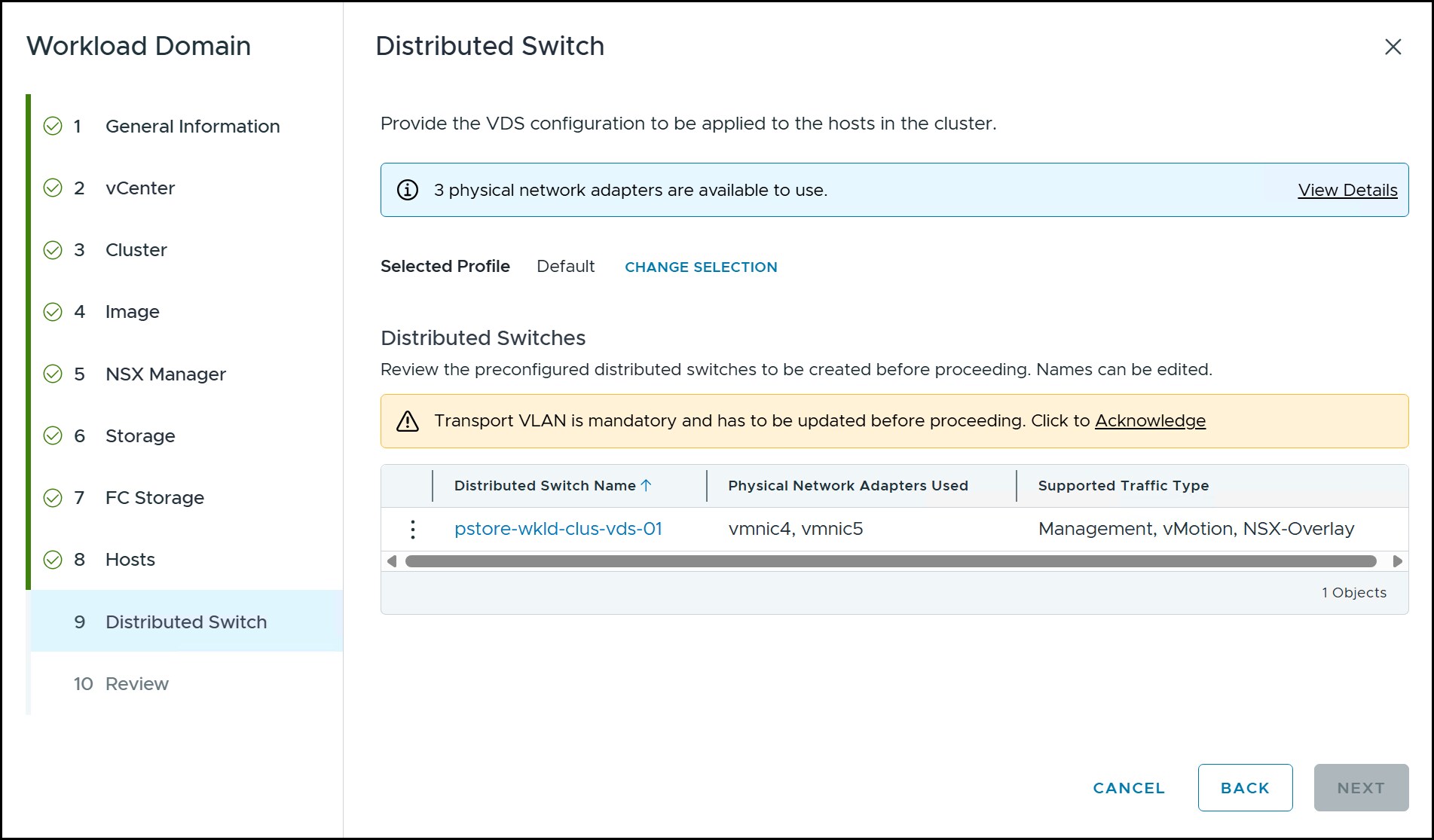 Workload domain creation wizard - step 9d.