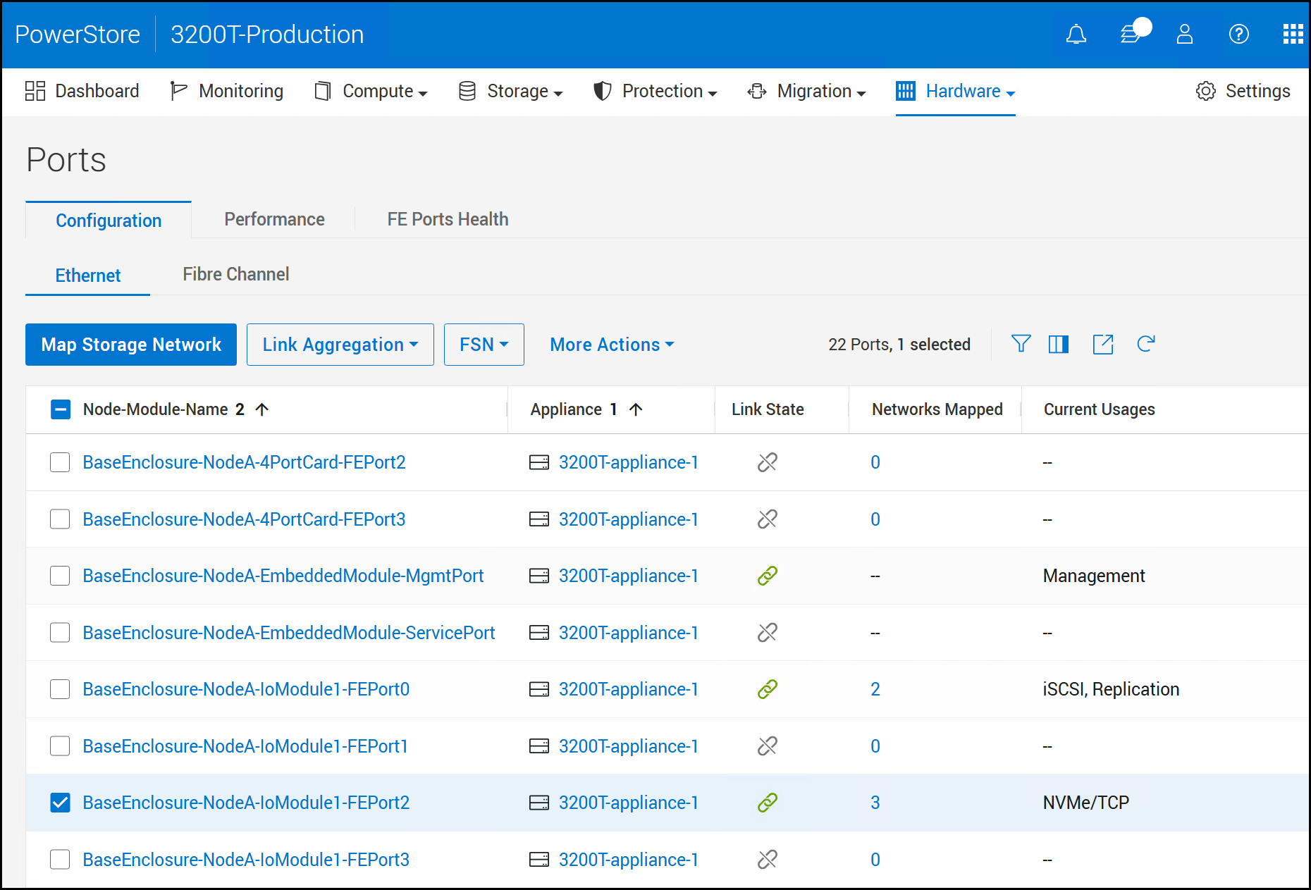 Screen capture of Ports - Configuration - Ethernet - Map Storage Network window with mapped storage