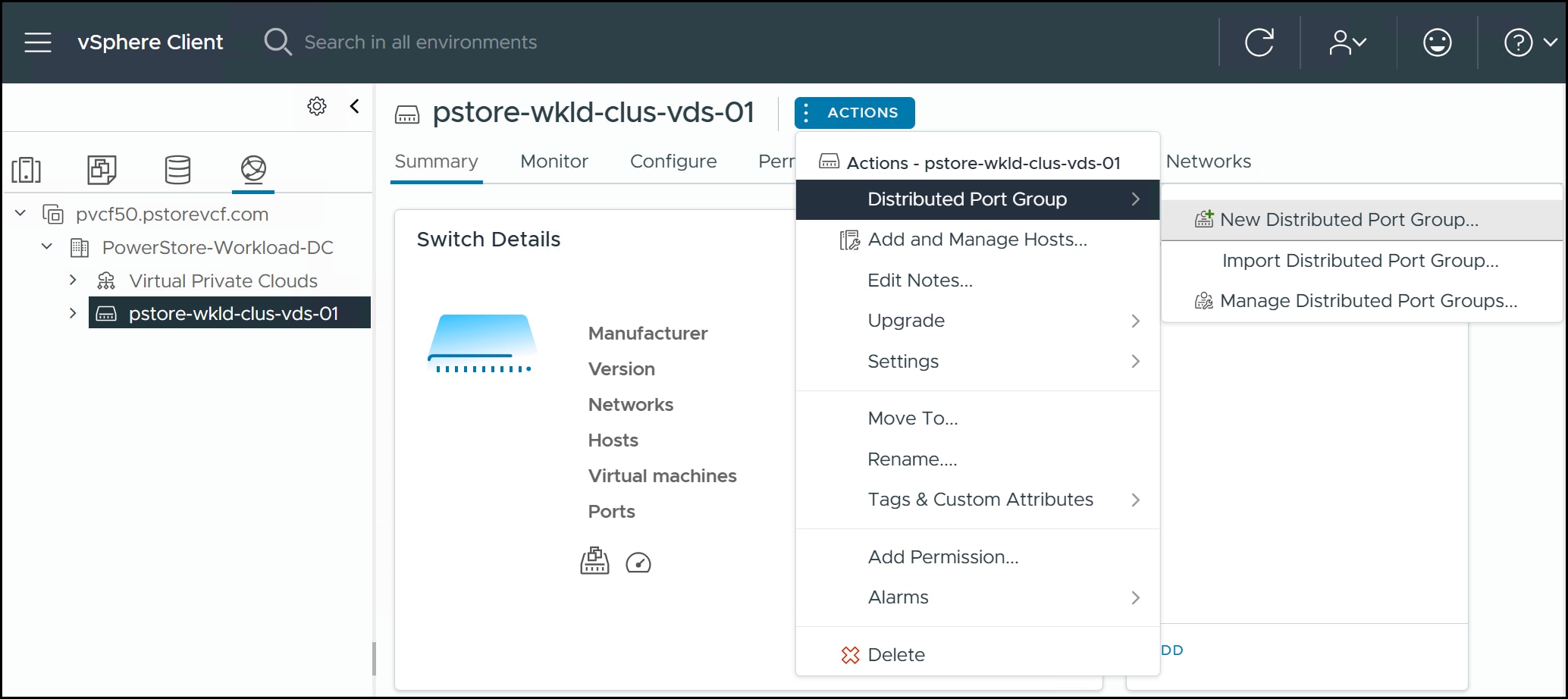 Screen capture of NVMe/TCP distributed port group