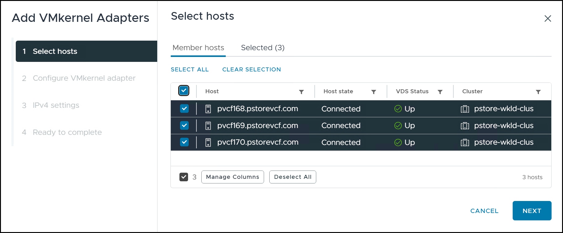 Screen capture of Add VMkernel adapters initial wizard - Select hosts