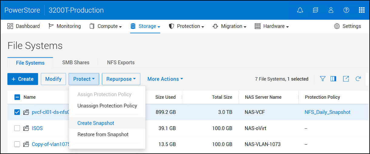 Screen capture of File Systems - Protect - Create Snapshot window