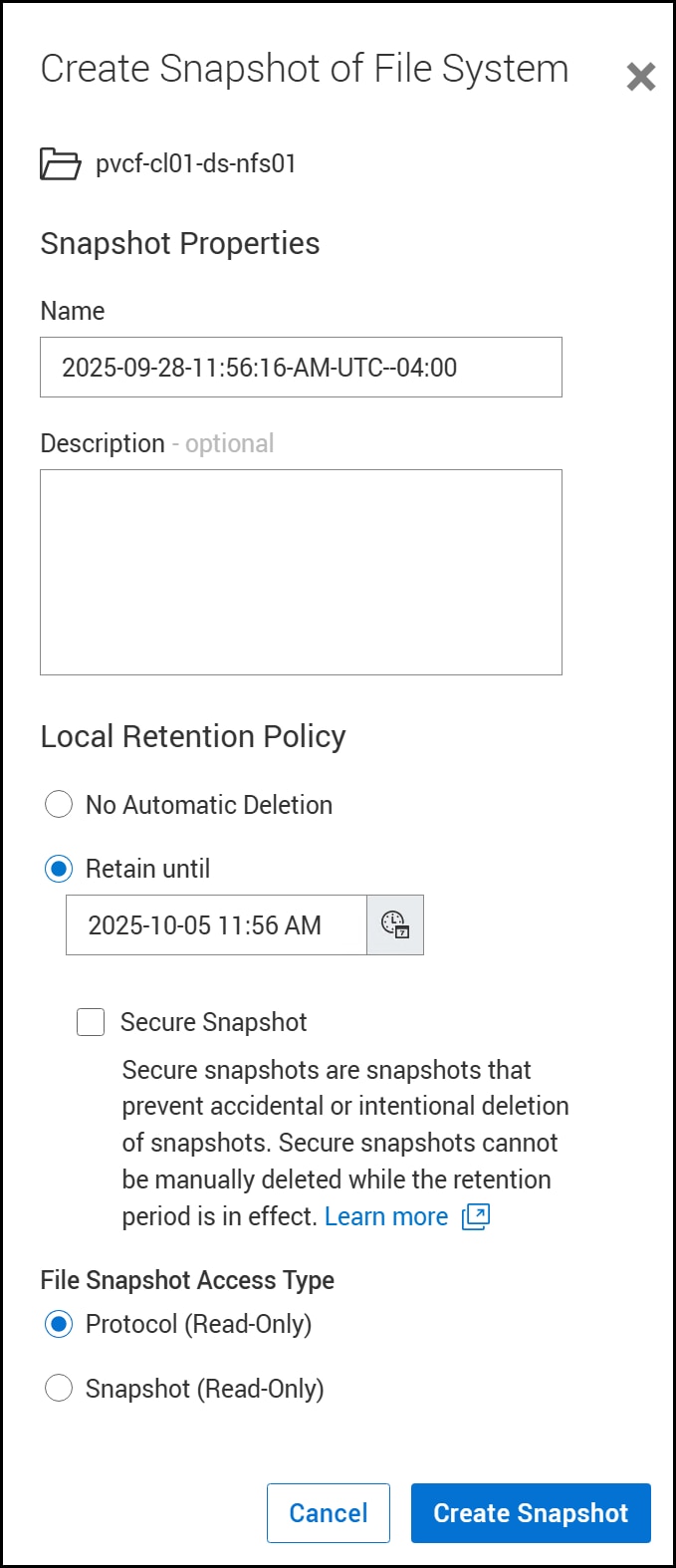 Screen capture of Create Snapshot of File System window