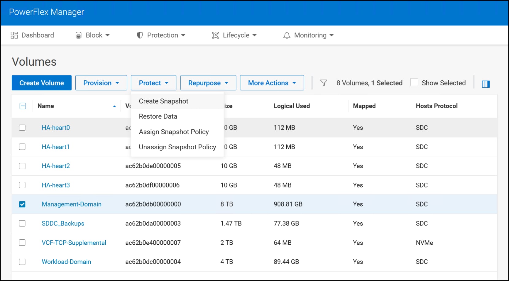 Select the management domain volume in PowerFlex Manager for snapshotting