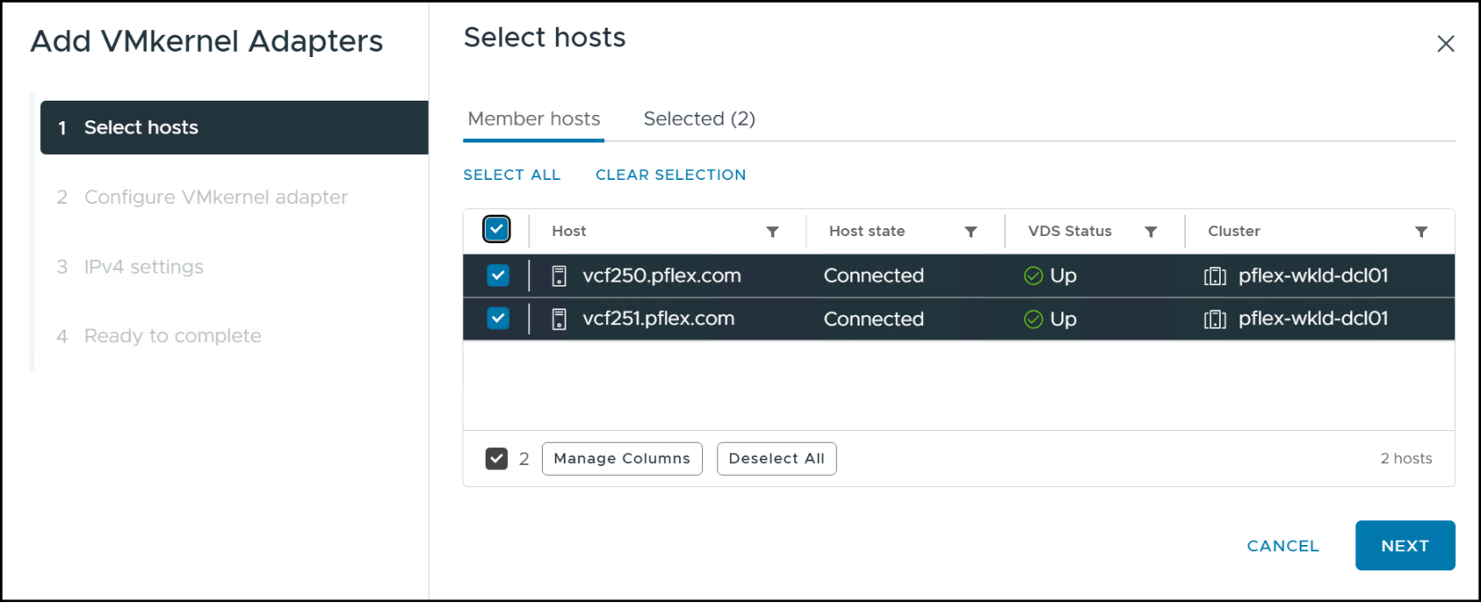 Step 2 Add VMkernel adapters - select hosts