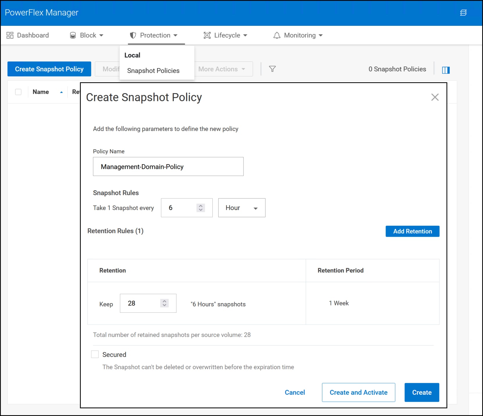 Creation of a snapshot policy