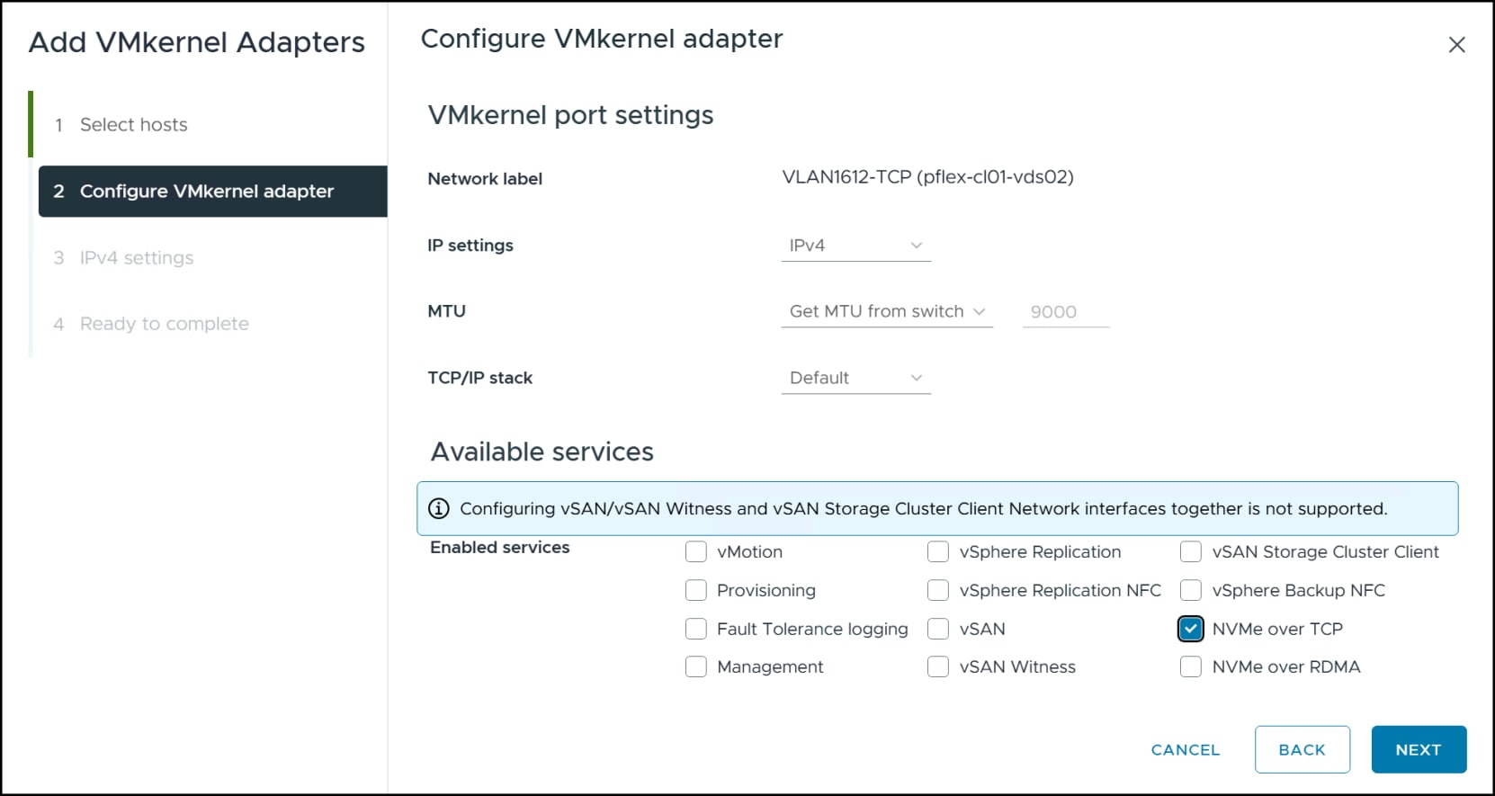Step 3 Add VMkernel adapters - configure NVMe/TCP service