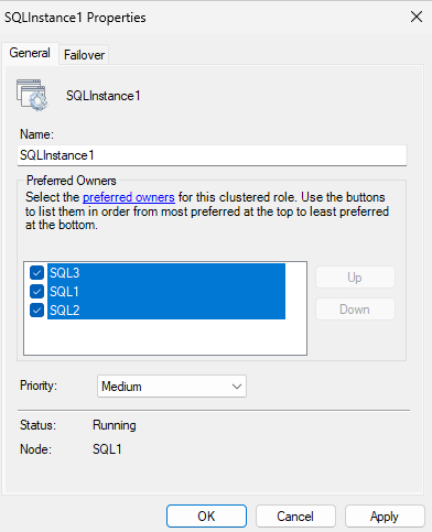 Screenshot of SQLInstance1 Properties window showing General tab settings for a clustered SQL Server role. Preferred Owners list includes SQL3, SQL1, and SQL2 with SQL3 at highest priority, Priority set to Medium, Status as Running, and Node assigned to SQL1. AI-generated content may be incorrect.