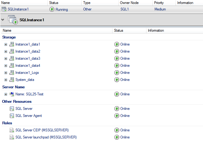 Screenshot of a SQL Server Management Studio interface showing SQLInstance1 with status, type, owner node, and priority details. Sections include Storage, Server Name, Other Resources, and Roles, with green status icons indicating active and healthy server components. AI-generated content may be incorrect.