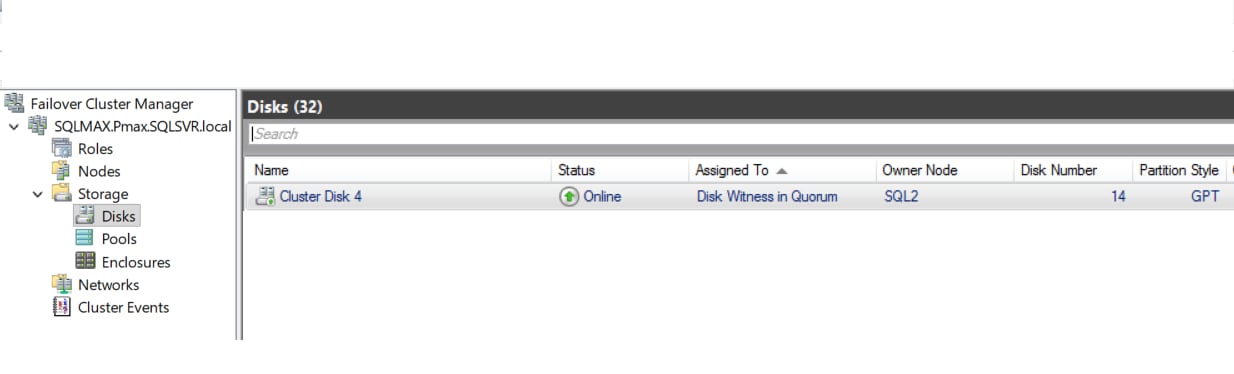 Screenshot of Failover Cluster Manager displaying storage details for a cluster named SQLMAXPrxSQLVSR.local. It shows one disk labeled "Cluster Disk 4" with status "Online," assigned to "Disk Witness in Quorum," owned by node "SQL2," with disk number 14 and partition style GPT. AI-generated content may be incorrect.