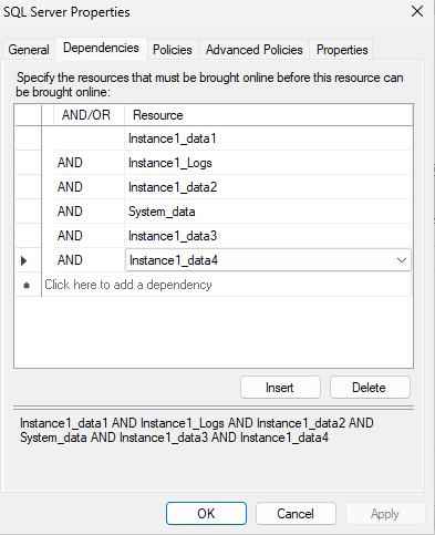 Screenshot of SQL Server Properties window showing Dependencies tab with a list of resources required to be brought online before a resource can be brought online. The list includes Instance1_data1, Instance1_Logs, Instance1_data2, System_data, Instance1_data3, and Instance1_data4, with logical AND conditions linking each resource. AI-generated content may be incorrect.