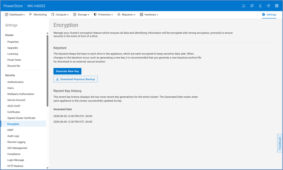 Screenshot of PowerStore encryption settings page showing options to generate a new key and download keystore backup. Recent key history section lists two generated dates with timestamps, indicating last key generations for cluster security management.