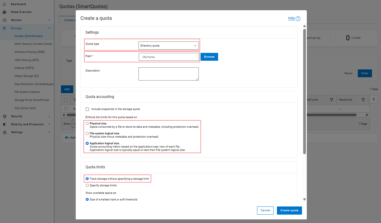 OneFS WebUI SmartQuotas Directory Quota Configuration screenshot.
