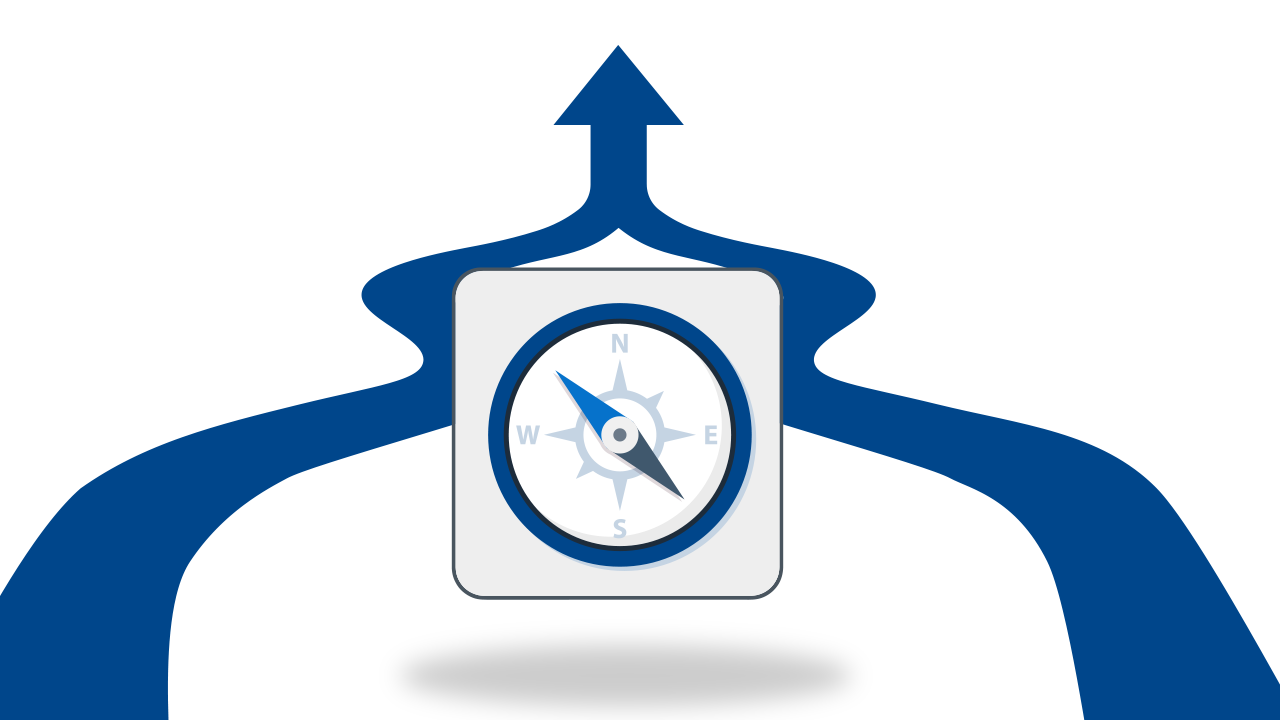 Compass icon with blue arrows depicting two divergent paths that merge into one.