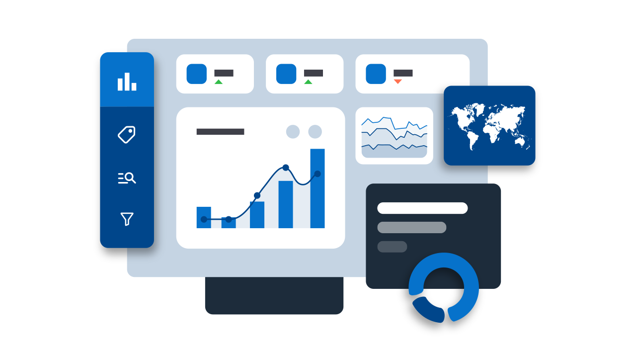 Illustration of a blue and gray analytics dashboard with graphs, icons, and a world map.