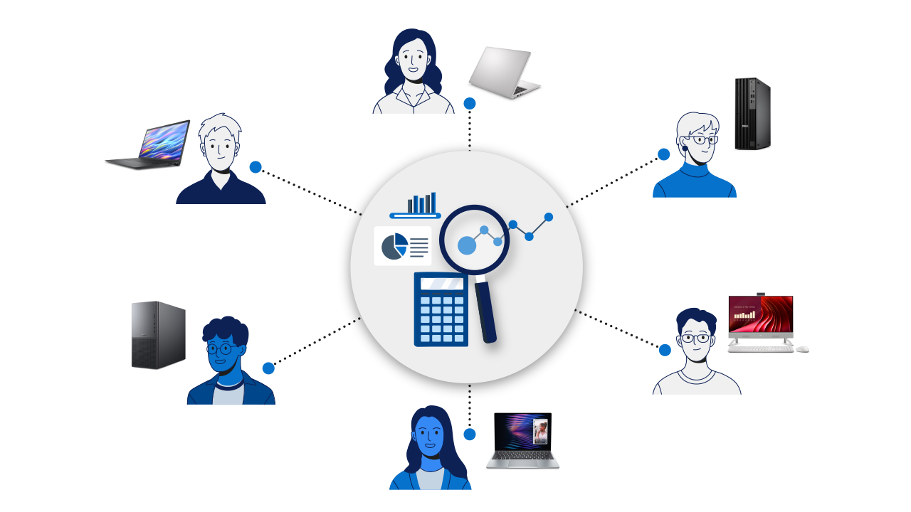 Infographic showing people, laptops, desktops, and data charts linked to a central analysis hub.