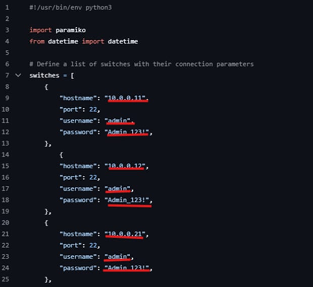 Copilot said:  Screenshot of a Python script that uses the Paramiko library for SSH connections and defines a list of network switches with connection parameters.