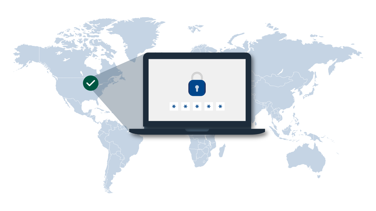 Laptop with lock icon and password field on screen in front of world map with US region highlighted.