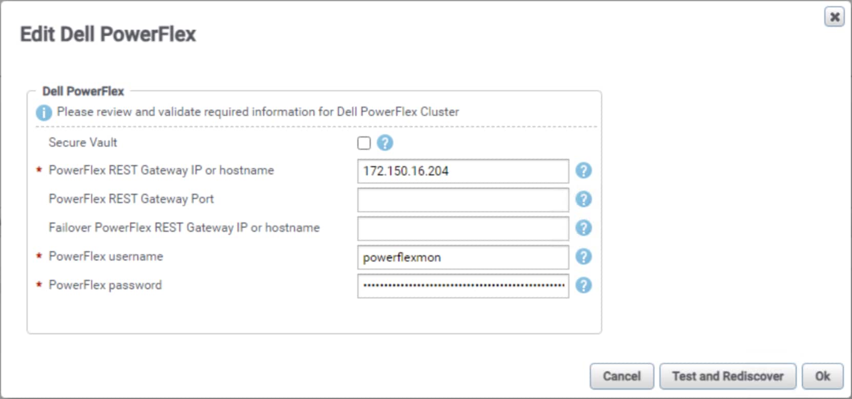 A screenshot of the discovery dialog for a PowerFlex system