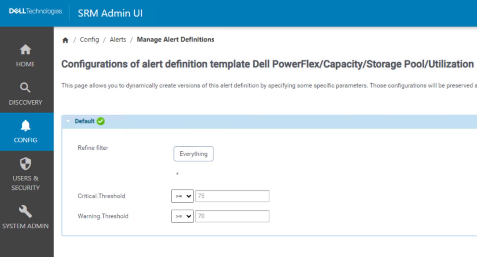 A screenshot of the PowerFlex storage pool utilization alert with user configurable thresholds.