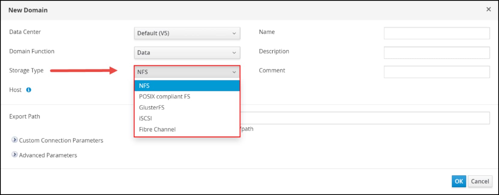 A screenshot showing the storage type options for a storage domain.