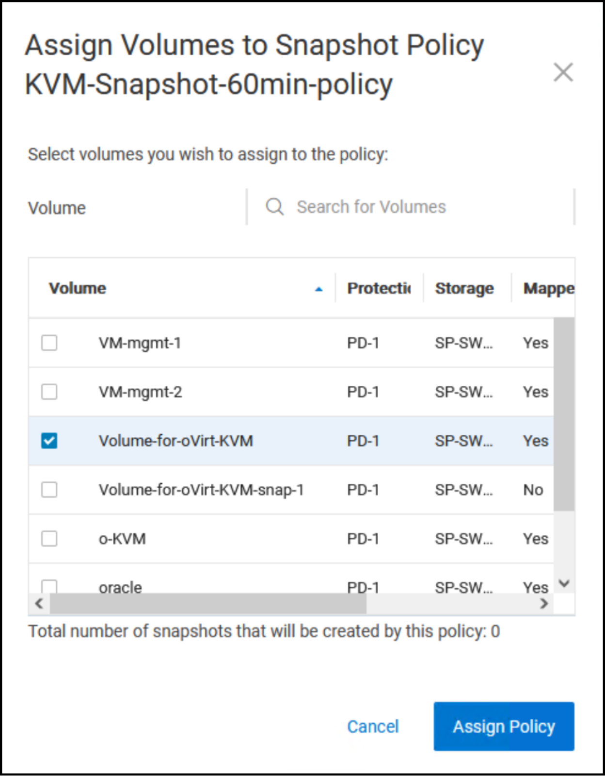 A screenshot showing how to assign a snapshot policy.