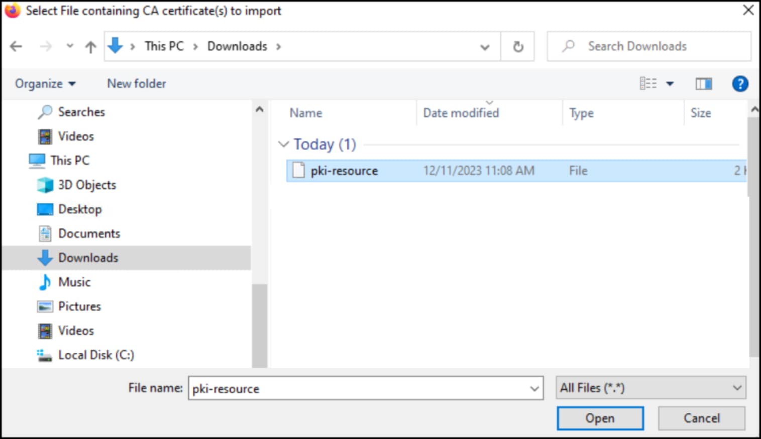 A screenshot showing how to import a certificate.
