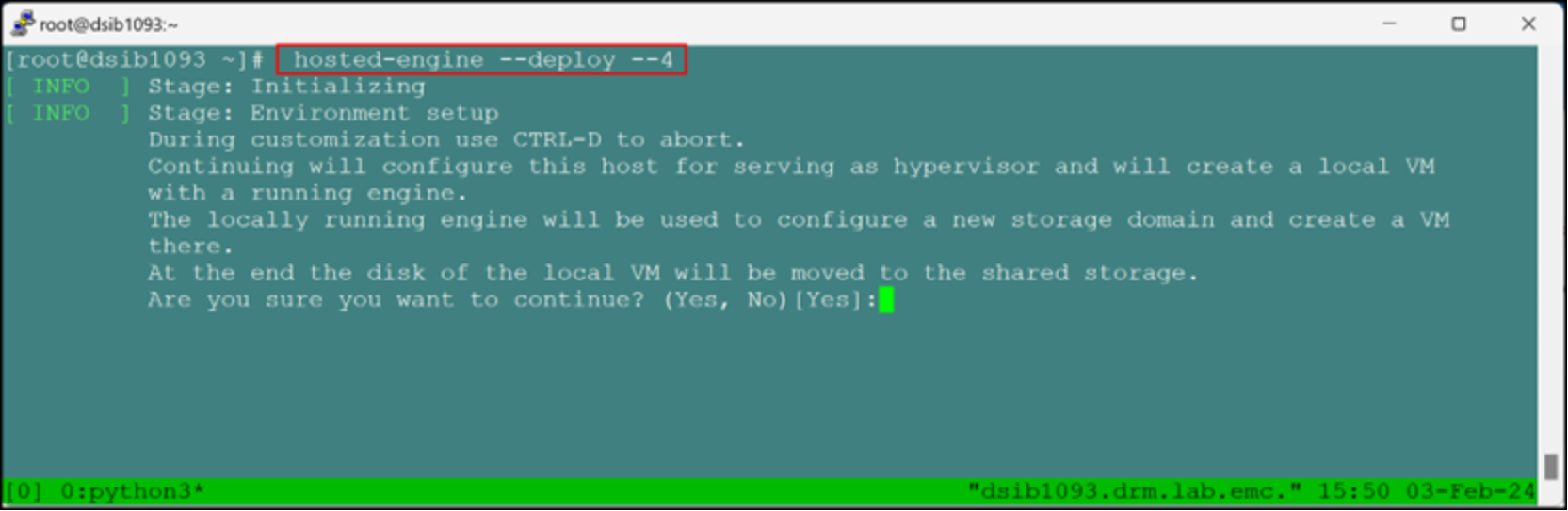Code showing hosted-engine script execution