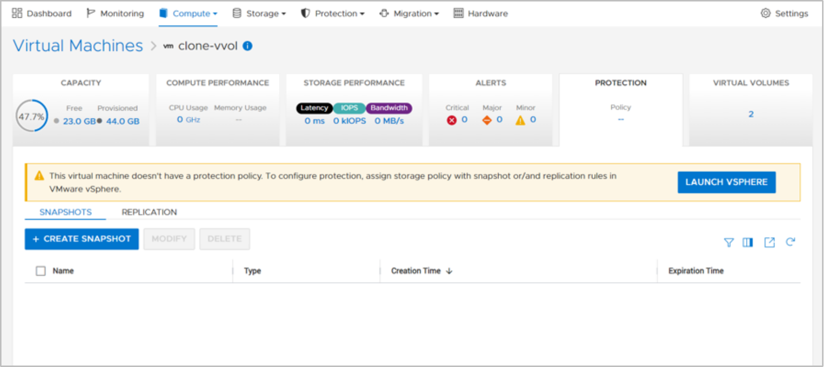 A screenshot of PowerStore Manager showing a Virtual Machine's Protection tab, which includes the ability to view, create, and modify, and delete VM snapshots.