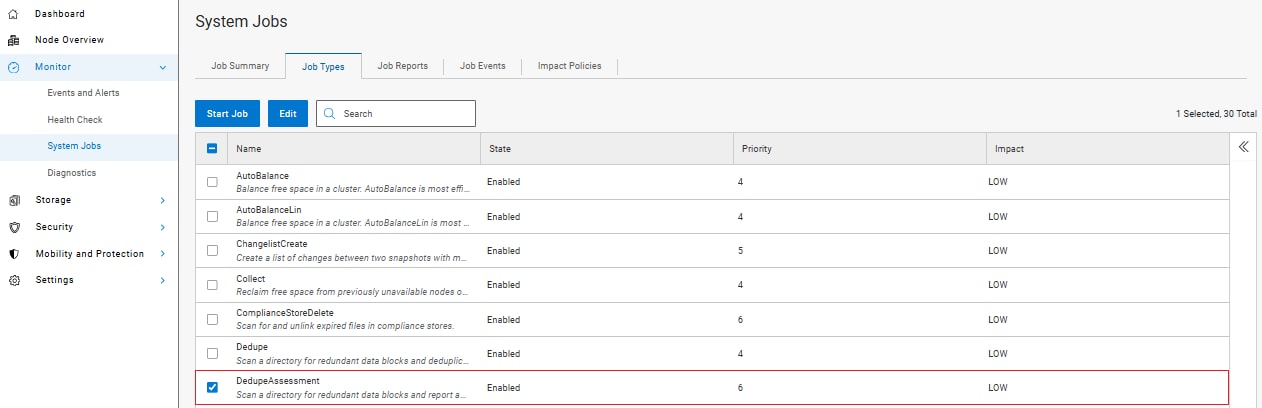 Screenshot showing deduplication assessment job control through the OneFS WebUI.