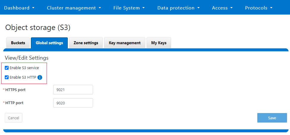 WebUI Screenshot showing the S3 global configuration settings.