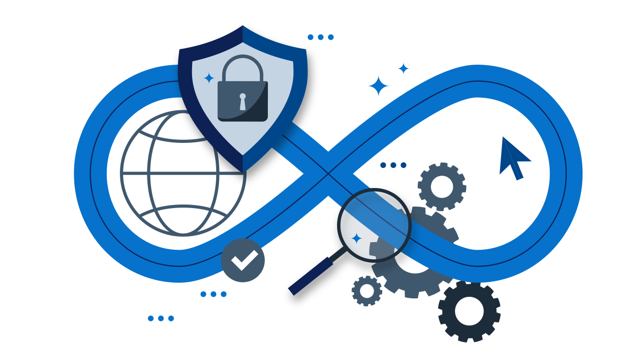 Blue infinity loop with shield and padlock, globe, gears, and magnifying glass representing secure DevOps.