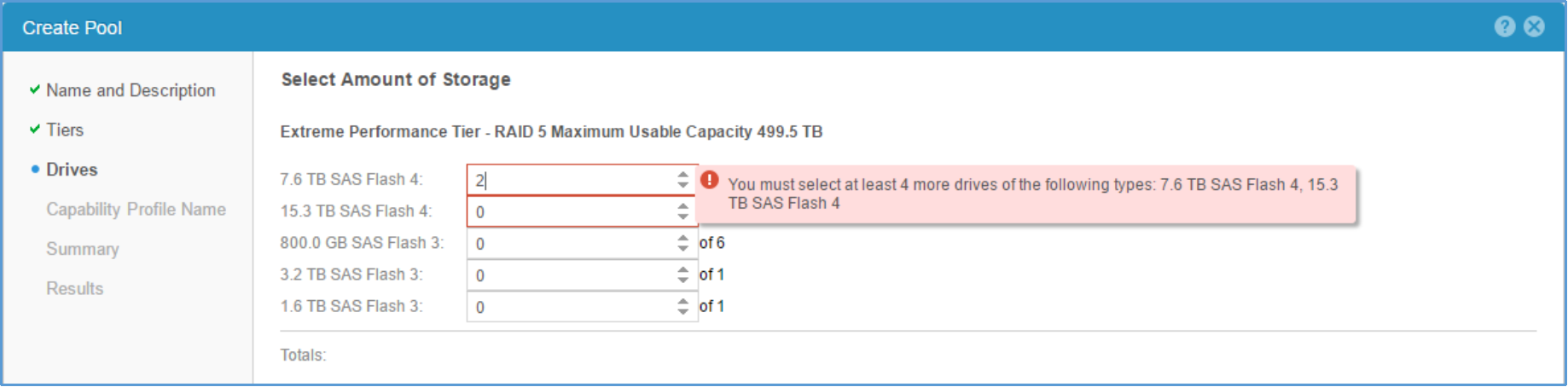 This image shows that the minimum drive count is not selected preventing creation from proceeding