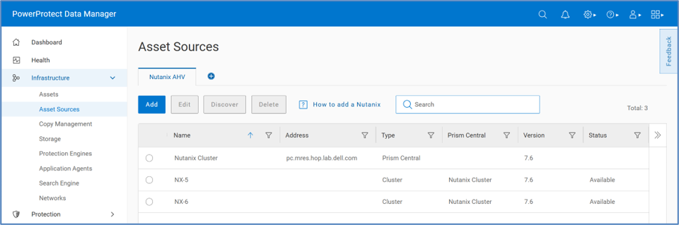 Screenshot of a software interface showing an Asset Sources table within PowerProtect Data Manager. The table lists three clusters with columns for Name, Address, Type, Prism Central, Version, and Status, highlighting all clusters as version 7.6 and status Available.