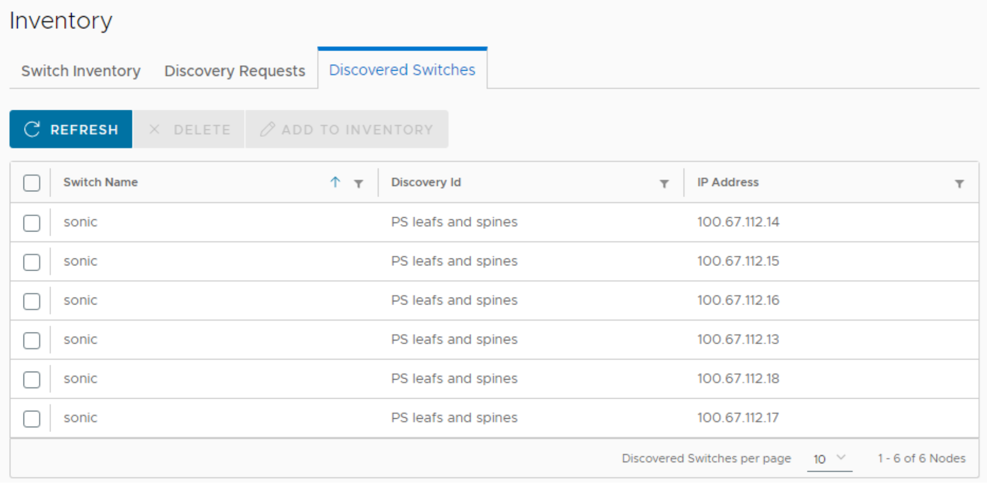 This figure shows a screenshot of the switches listed on the Discovered switches tab of the Inventory page in SFM.
