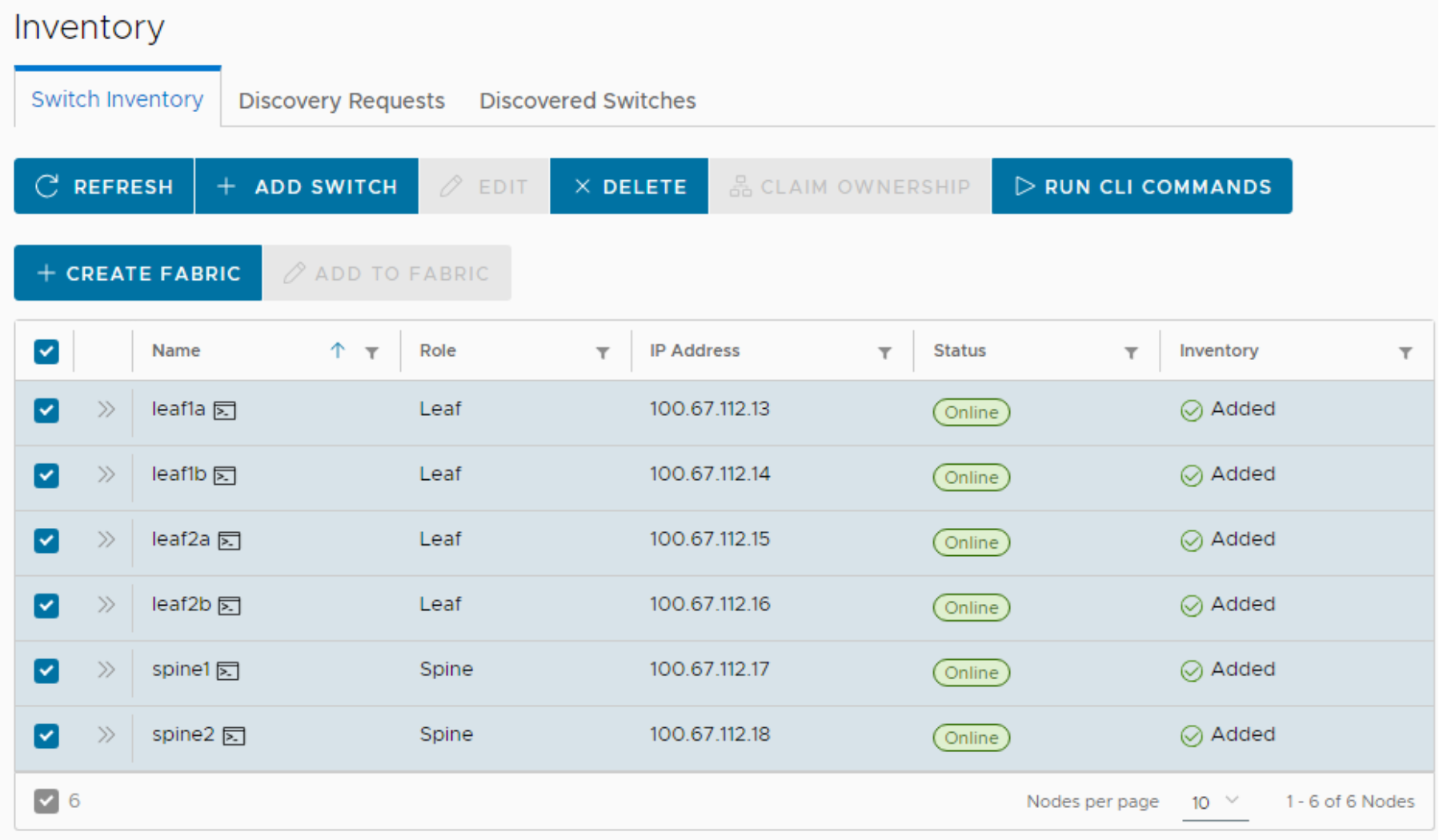 This figure shows a screenshot of the Inventory tab with fabric switches selected.