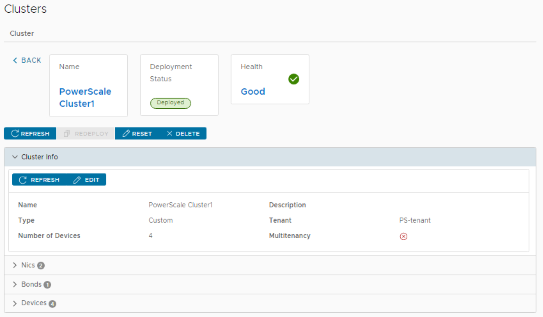 This figure shows a screenshot of the Clusters page with the PowerScale network deployed.