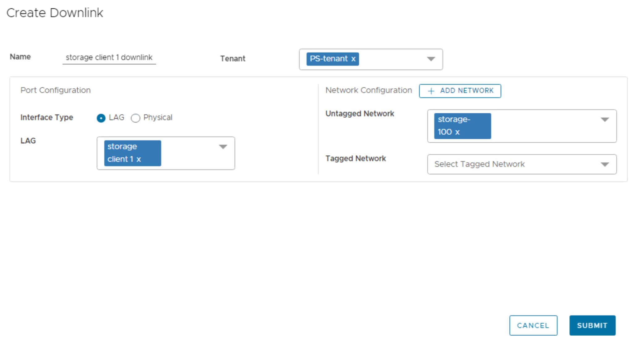 This figure shows a screenshot of the completed Create Downlink dialog box.