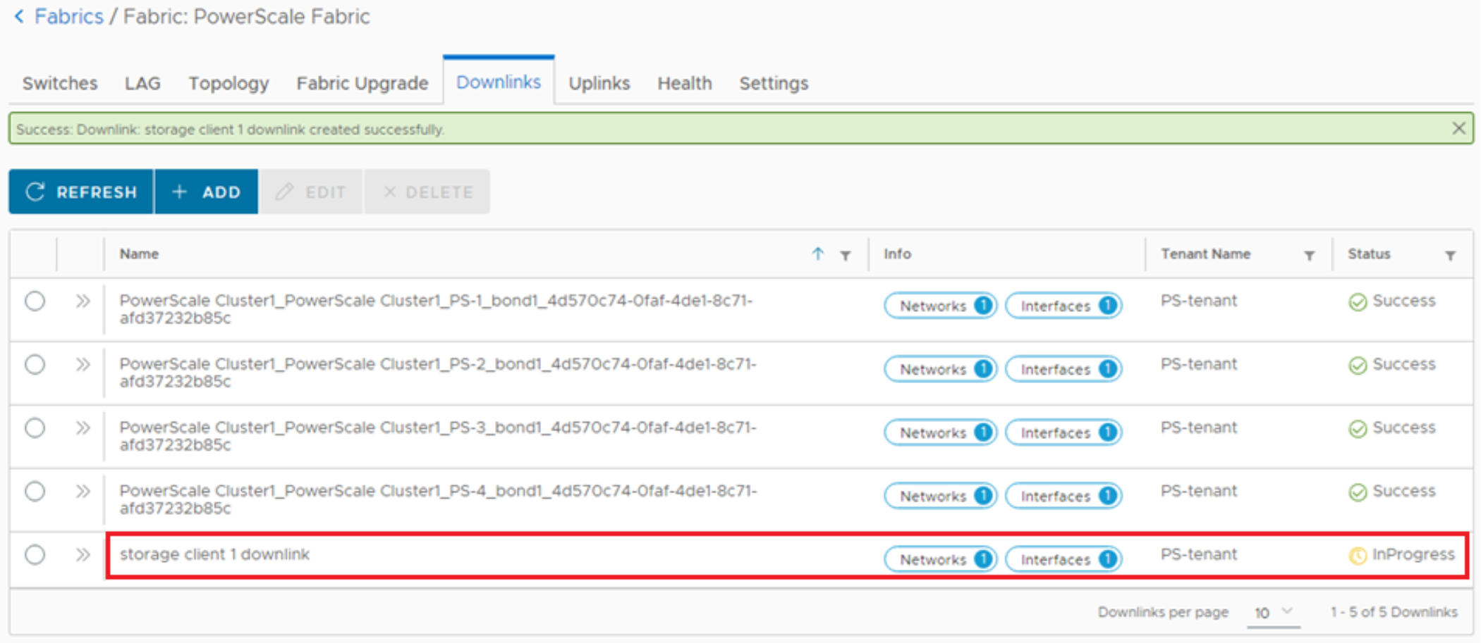 This figure shows a screenshot of the Fabric downlinks tab with the storage client downlink added.
