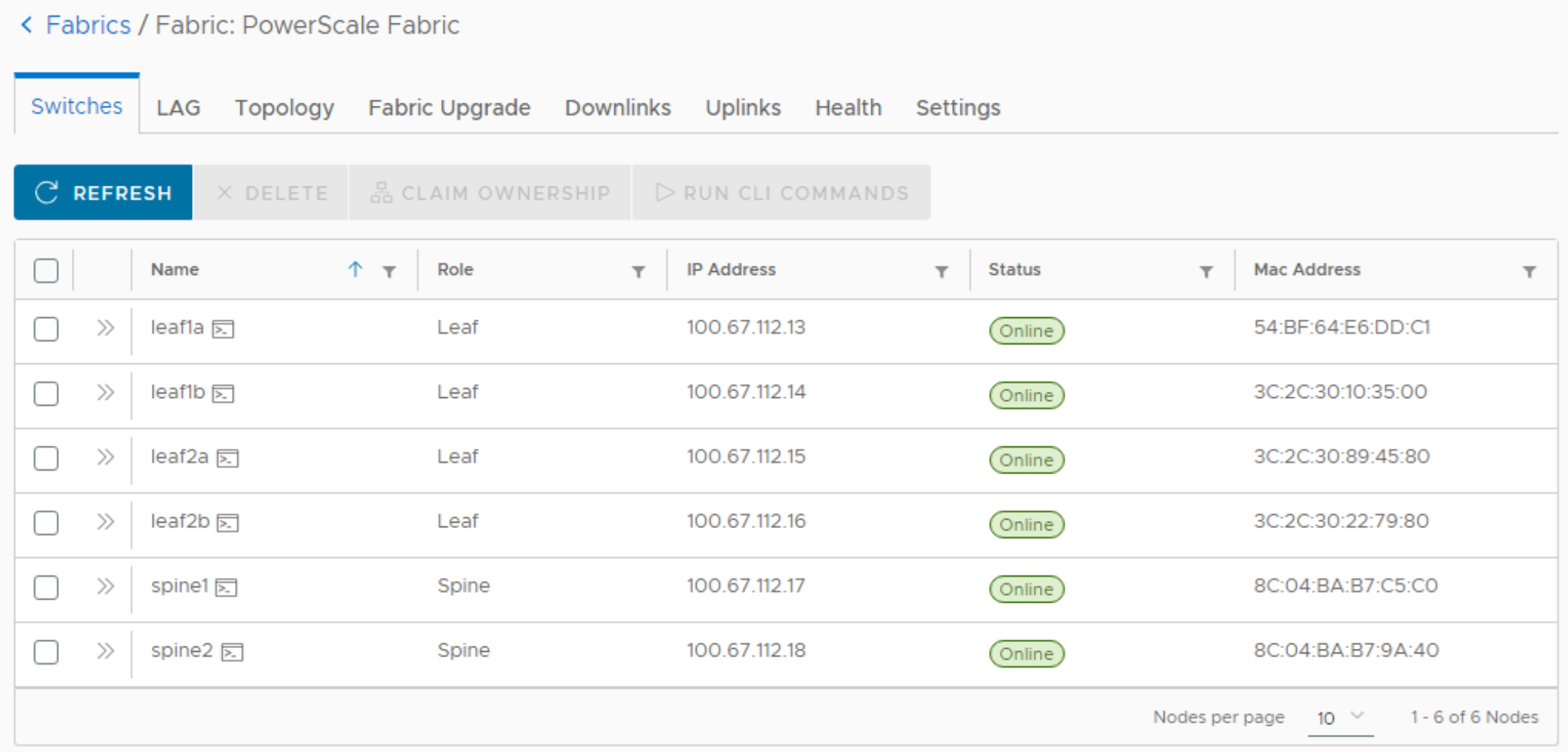 This figure shows a screenshot of the Switches tab on the Fabric: PowerScale Fabric page.