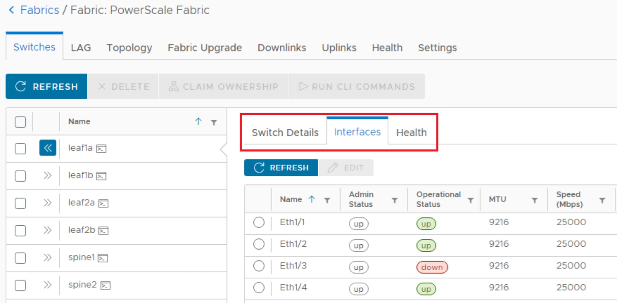 This figure shows a screenshot of the Interfaces tab on the Fabric: PowerScale Fabric page.