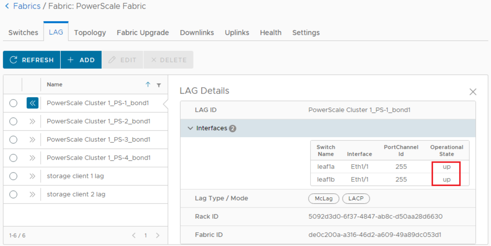 This figure shows a screenshot of the LAG details on the LAG tab on the Fabric: PowerScale Fabric page.