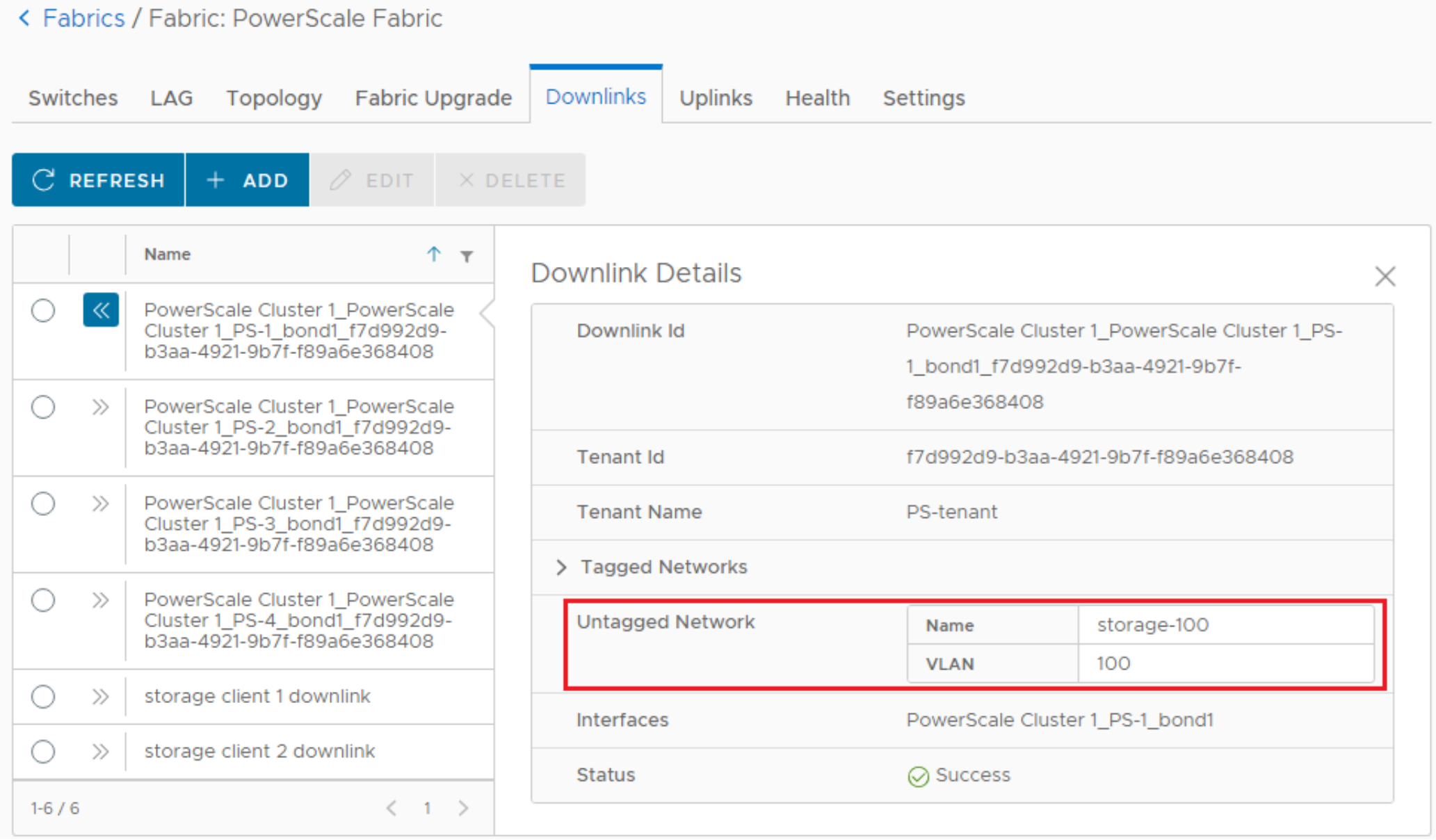 This figure shows a screenshot of the Downlinks tab on the Fabric: PowerScale Fabric page.