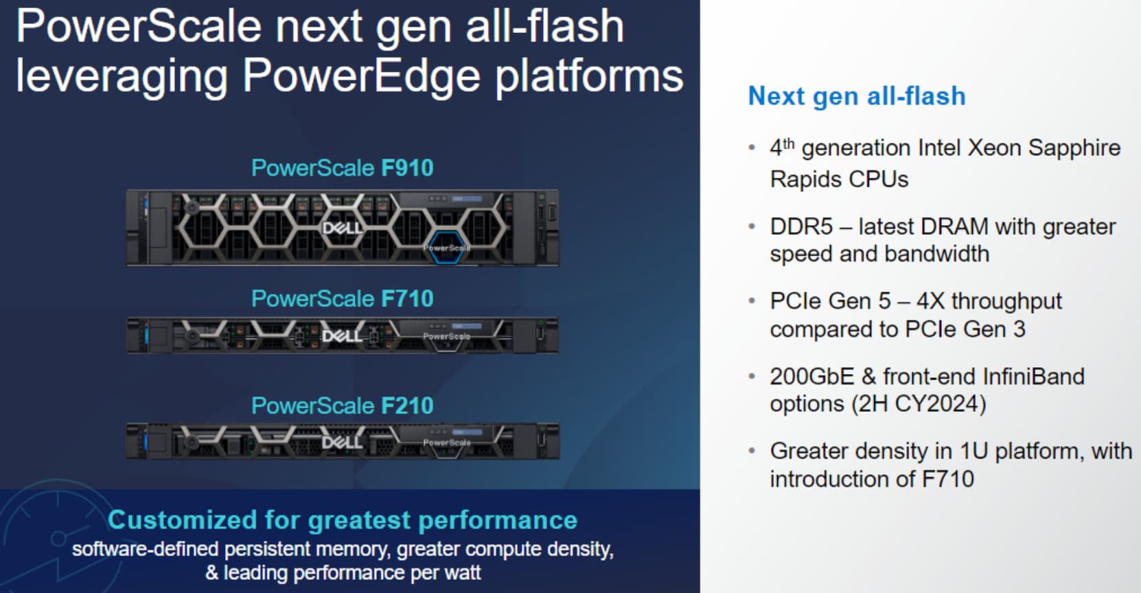 This image shows the PowerScale all flash line up as of November 2024, this include F210, F710, and F910. These storage nodes include Intel Sapphire Rapids CPUs, DDR5, and PCIe Gen 5 slots.